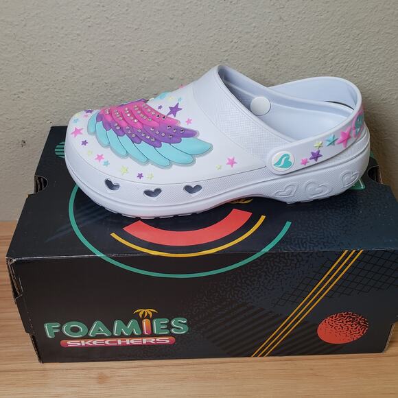 Skechers Foamies Kids Size 6 Light Up Star Clogs Slip On White Girlie Cute NWT - Picture 1 of 16